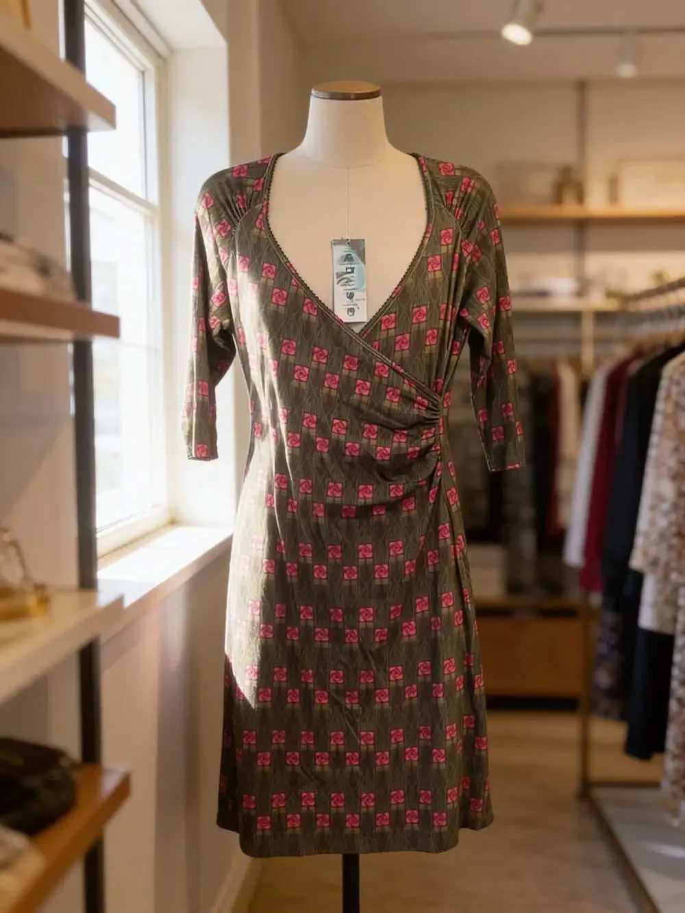 Lafamour Women's Geometric Rose Print Wrap Style Jersey Dress M NWT